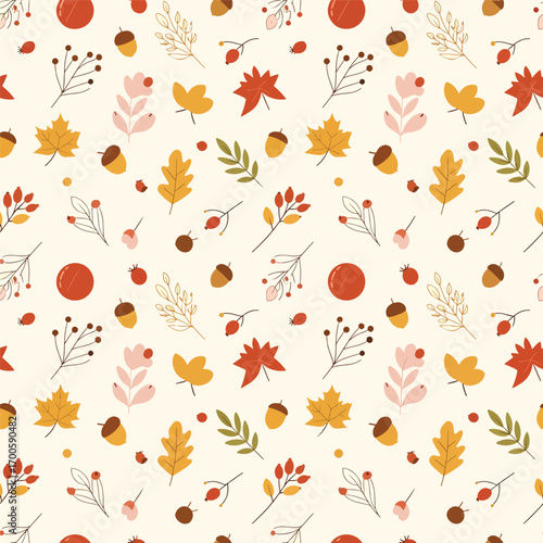 Autumn themed seamless pattern with leaves, acorns, berries and seasonal elements, seamless pattern, Stock royalty free image.