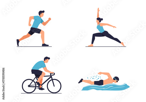 Four illustrations depict people running stretching cycling and swimming on a white background