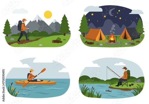 Four outdoor scenes depict hiking camping kayaking  fishing activities