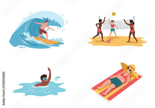 Four vignettes show beach activities surfing volleyball swimming and sunbathing
