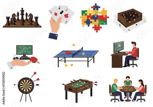 Games collage Chess cards puzzle foosball ping pong darts board game game design and a bead maze are displayed