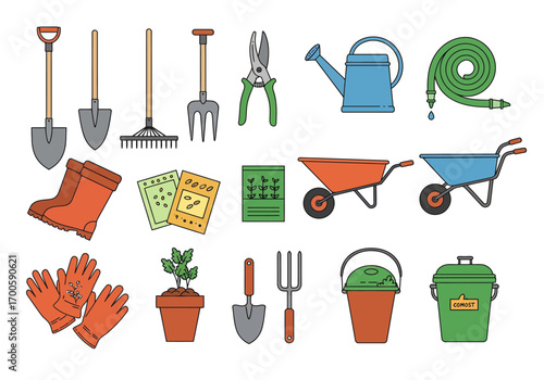 Garden tools shovels rakes watering can hose wheelbarrows gloves boots pots and compost bins
