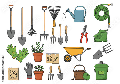 Gardening tools  plants various sizes shovels rakes pots gloves seeds wheelbarrow watering can hose boots pruning shears  compost bin