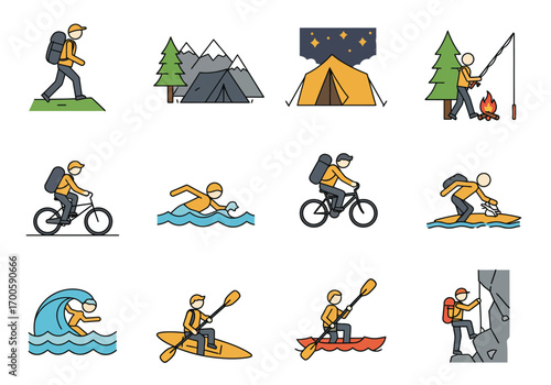 Graphic illustration showing hikers campers swimmers and climbers engaging in outdoor activities