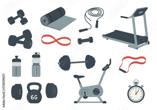 Gym equipment is depicted dumbbells mat rope treadmill bands bottles barbell plates kettlebell bike timer