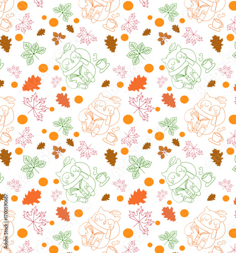 Pattern autunnale con gufo, tazza, libro, foglie