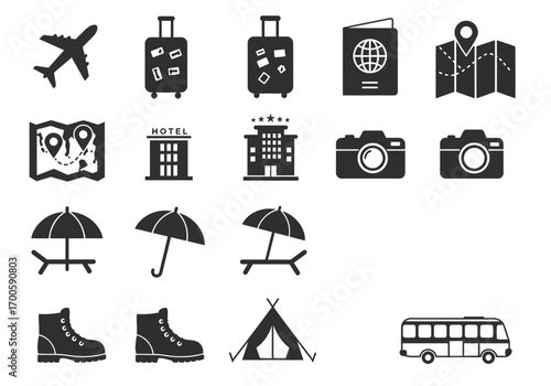 Image displays 16 grayscale icons related to travel including transportation lodging activities and essential items
