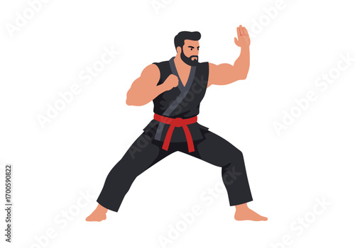 Man in black uniform with red belt martial arts stance