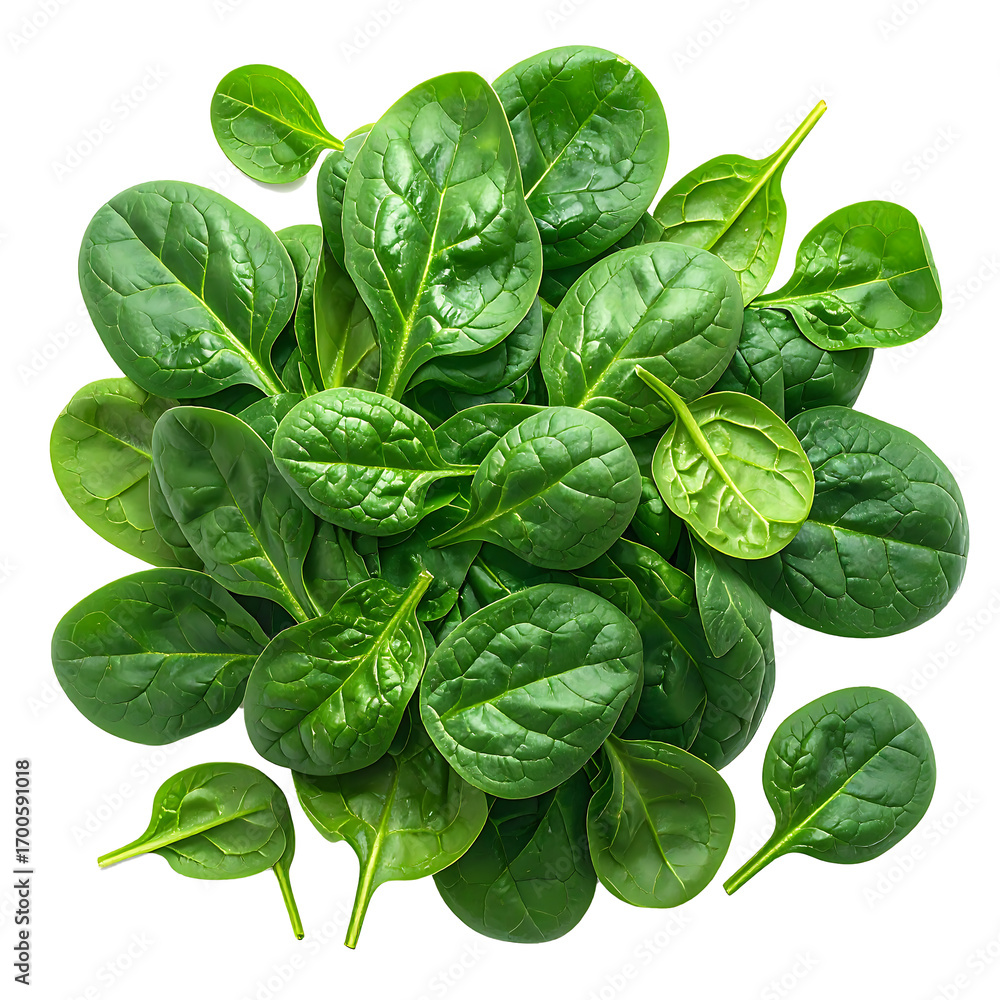 Fototapeta premium Fresh organic spinach leaves arranged in a pile, on a transparent background