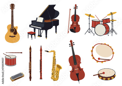 Musical instruments featuring a guitar piano drums and a saxophone