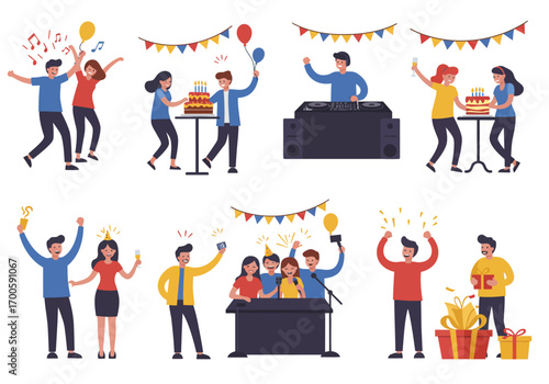 People celebrating dancing with a DJ cake podium  gifts under festive banners