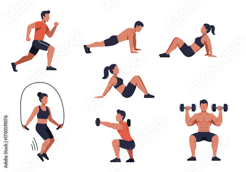 People exercise running planking situps jumping rope squatting lifting dumbbells illustrating fitness activities