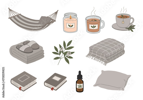 Still life featuring cozy items hammock candle tea blanket books oil  pillow