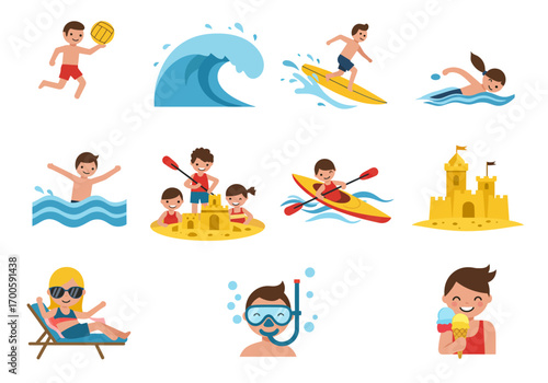 Summer icons people at beach surfing swimming kayaking sunbathing building sandcastle eating ice cream snorkeling