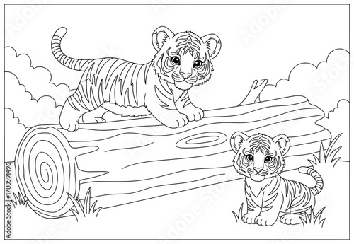 Tiger vector illustration showing two playful cubs with one standing on a fallen tree trunk and the other sitting on the grass designed in bold cartoon outlines for creative projects