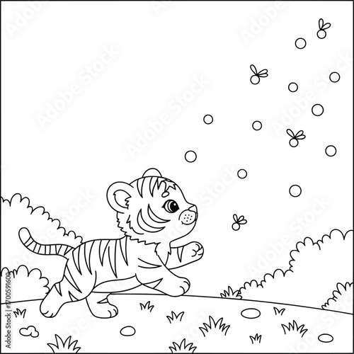 Tiger vector illustration of a cute playful cub walking happily on grass surrounded by bushes while chasing flying insects drawn in bold smooth cartoon outlines for creative projects