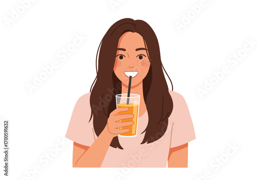 Woman holds juice smiling Brown hair peach shirt