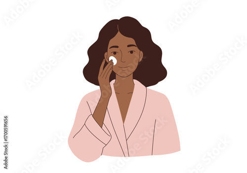 Woman in pink robe cleans face with cotton pad simple drawing