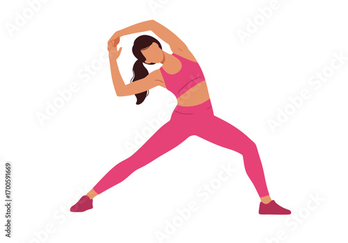 Woman in pink sportswear doing side stretch with legs wide apart