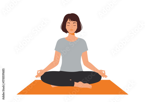 Woman in lotus position on orange mat meditating eyes closed brown hair