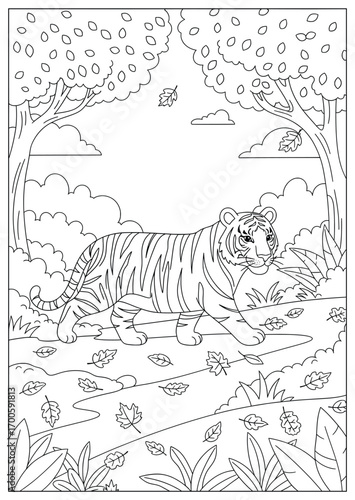 Tiger vector illustration of a majestic feline walking calmly along a forest path with trees, plants, and falling leaves around drawn in bold smooth cartoon line art for creative wildlife projects
