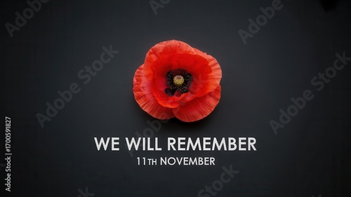 Remembrance day poppy flower with we will remember text on black background