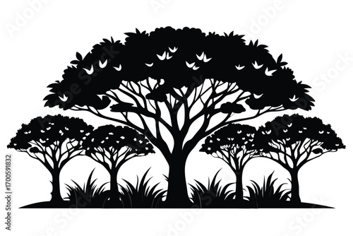 Silhouette of Trees with Bushy Crowns and Tall Grass in Black and White