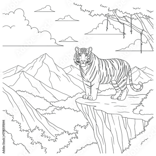 Tiger vector illustration of a majestic feline standing firmly on a cliff edge overlooking mountains and valleys with clouds above drawn in bold smooth cartoon outlines for wildlife projects