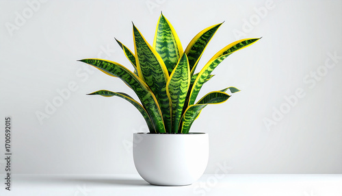 Variegated snake plant, also known as mother-in-law's tongue, in a simple white ceramic pot 