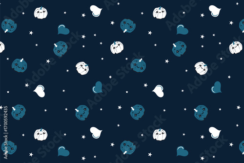Whimsical Pastel Halloween Seamless Pattern Cute Vector Style Playful pastel seamless pattern ideal for kids’ Halloween wallpaper, wrapping paper, and party decor