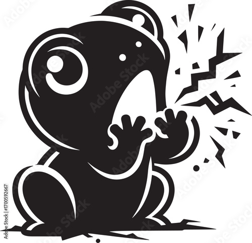 Surprised cartoon frog with wide open mouth and lightning bolt explosion effect