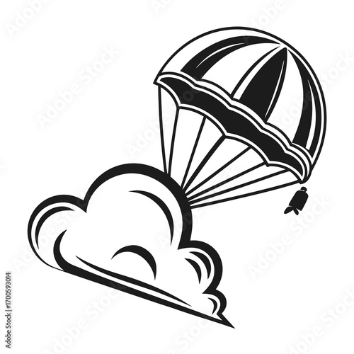Parachute descending through a stylized cloud illustration