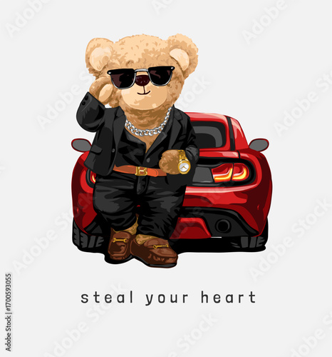 steal your heart slogan with bear doll in black suit leaning on red car vector illustration - created by hand drawn
