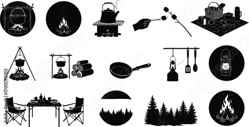 Camping icons set with bonfire, cooking tools, picnic items, lanterns, and forest silhouettes for outdoor adventure vector illustration design