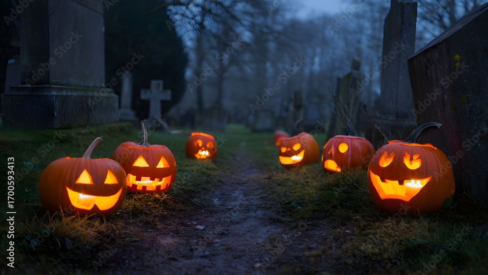 Naklejka premium Spooky Halloween Jack-o'-lanterns illuminate a dimly lit graveyard path at dusk.