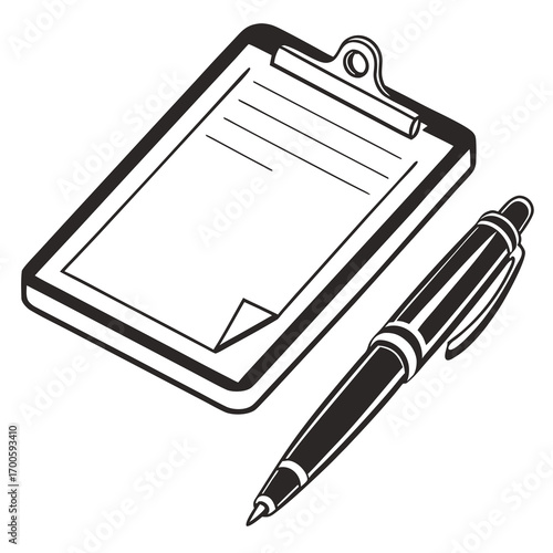 Clipboard with paper and pen for writing notes or making lists