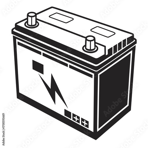 Black and white illustration of a car battery with a lightning bolt symbol