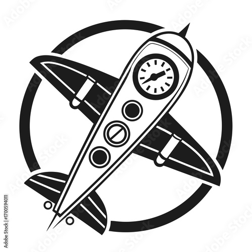 Retro airplane with clock in cockpit inside a circle emblem