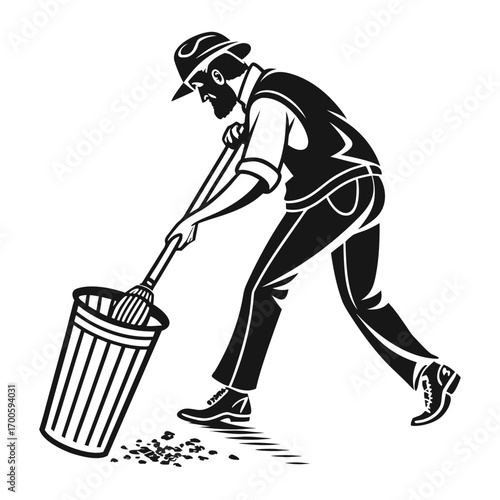 Man in hat sweeping debris into trash can with broom