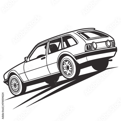 Retro station wagon driving uphill with motion lines