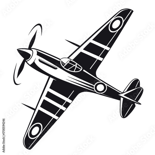 Stylized black and white illustration of a vintage propeller airplane in flight