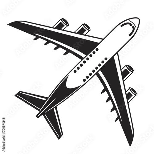 Black and white illustration of a modern jet airplane from above