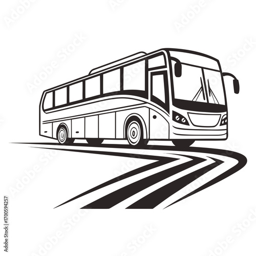 Stylized black and white illustration of a modern tour bus driving on a winding road