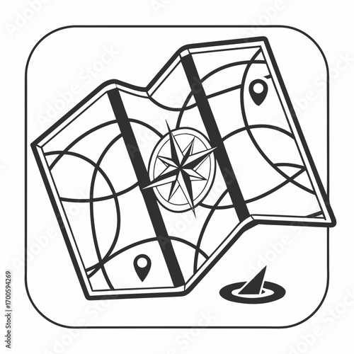 Stylized map with compass and location pins for navigation and travel