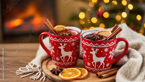 Cozy Christmas mulled wine in red mugs with reindeer pattern, cinnamon sticks, and dried orange slices by the fireplace and festive lights