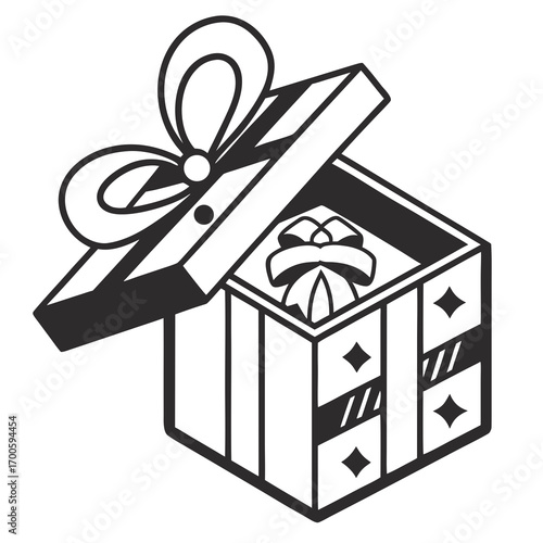 Open gift box with bow and ribbon inside a surprise present