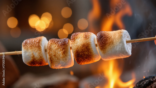 Toasted marshmallows on stick roasted over open flame with glowing fire and warm festive bokeh lights in background