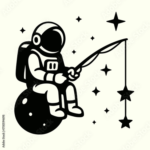 Astronaut fishing for stars while floating in space in a bold black silhouette on a light background