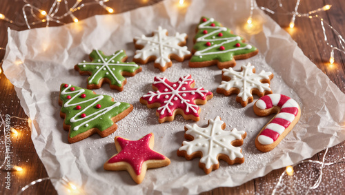 Christmas cookies shaped like trees, snowflakes, star and candy cane with colorful icing on parchment paper surrounded by festive lights on wooden table.