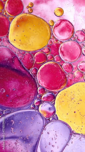 Abstract macro view of vibrant, colorful oil bubbles